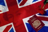 UK flag, Queen Elizaberth II and passport