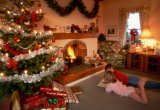 UK, country home interior, Christmas scene by fireside, with children