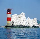 Needles Light House, Needles, Isle of Wight, England, UK: view of light house taken from the water.