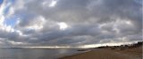 Calshot, Hampshire, England, UK; panoramic view showing Calshot Beach and the Solent during winter.