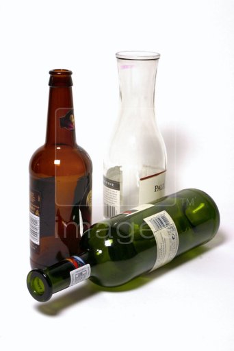 Clear, green and brown glass bottles for recycling
