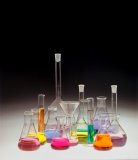 Chemical flasks, coloured liquids.